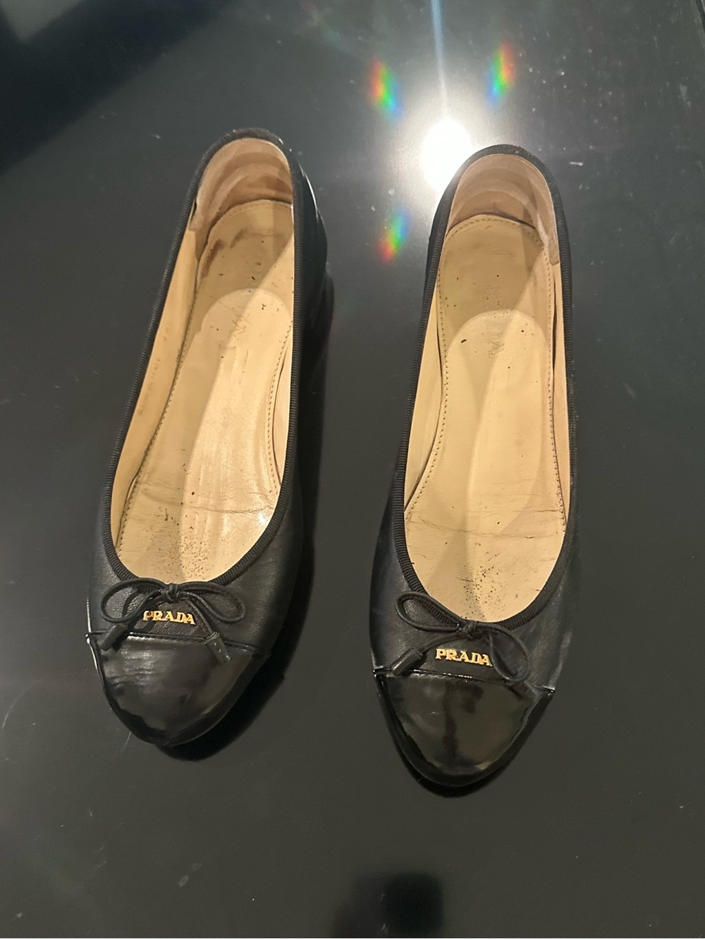 Authentic gold hardware bow tie Prada Black Leather Ballet Flats with Logo